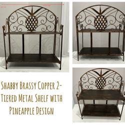 Shabby Brassy Copper 2-Tiered Metal Shelf with Pineapple Design 