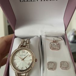 Ellen Tracy Women's Rose Gold Gemmed Wristwatch, Necklace & Earrings Set
