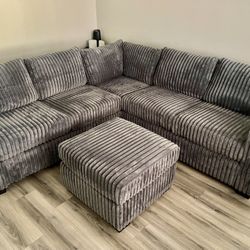 Grey Sectional Sofa + Ottoman - Soft Grey Corduroy