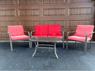 Outdoor Patio Furniture Set (Sofa, 2 Chairs, Table) Red Cushions