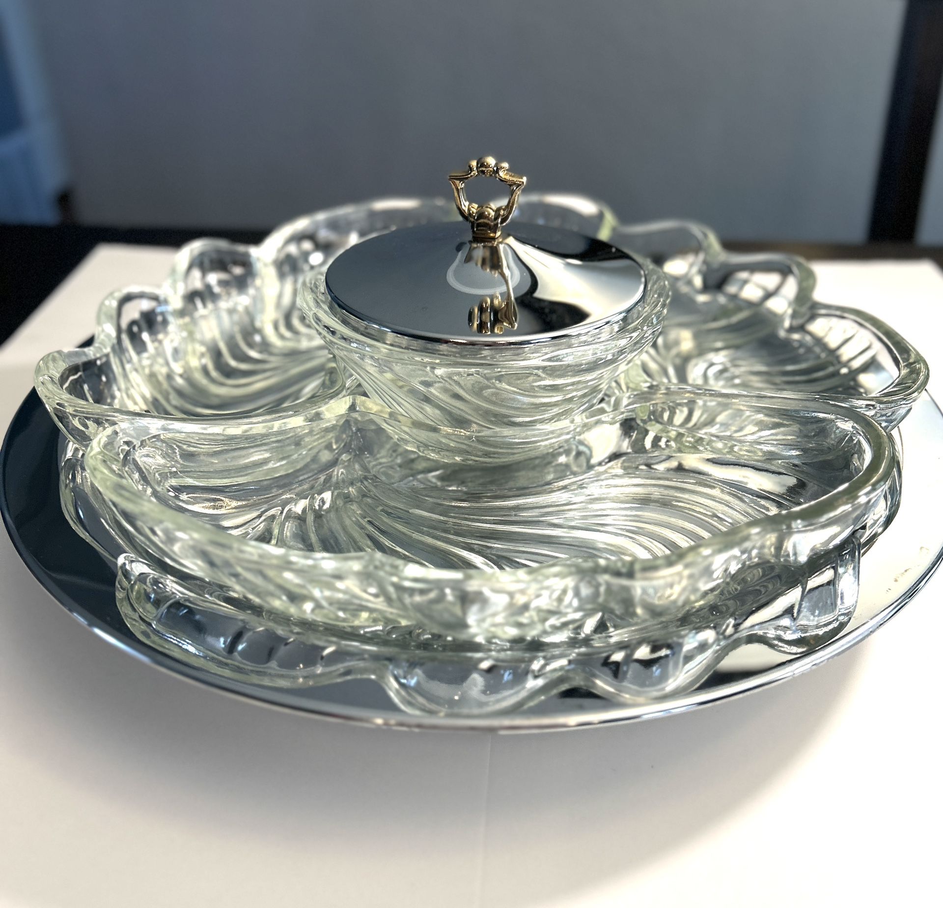 Kromex 1950s Lazy Susan Chrome/Glass Rotating Party Platter, Serving Dish Vintage