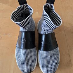 Balmain Cameron knit logo strap slip-on sneakers in black and white 7.5/ 38