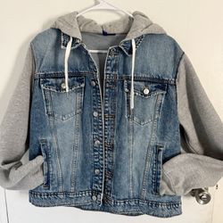 H&M Divided  Denim Jacket with Grey Hoodie Sleeves Blue 