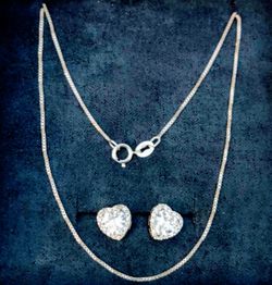 925 Sterling silver set - stamped 925 heart shaped CZ stud earrings and 18" 925 Sterling chain stamped NC 925
