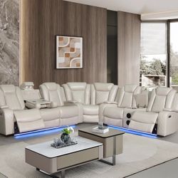 Leather Sectional Sofa With LED Lighting and Bluetooth Speakers