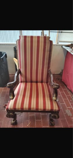 Vintage Carved Wood Armchair Red Striped Upholstery