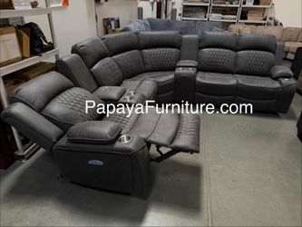 NEW POWER Reclining Curve Sectional Couch Recliner Set Black Faux Leather Storage Console Wireless Charging Living Room Movie Entertainment Big Sofa