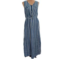 Linea Donna Womens Dress Maxi Sleeveless V neck Retro Blue White Striped Sz 8