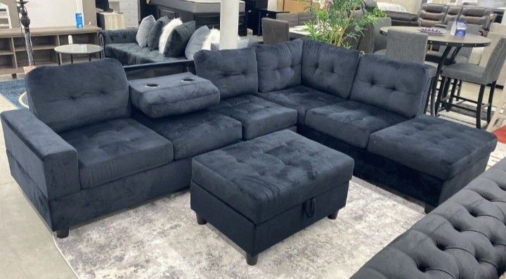 New Black Velvet Sectional With Ottoman And Free Delivery