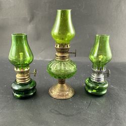 3 Vintage Mini Green Oil Lamps With Wicks