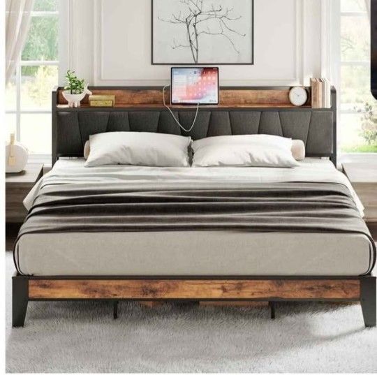 King Bed Frame, Storage Headboard with Charging Station, Solid and Stable, Noise Free, No Box Spring Needed, Easy Assembly