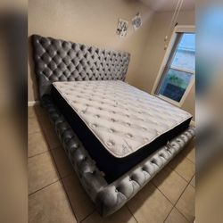 Luxury Grey Velvet Tufted Bed Frame & Mattress Set