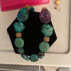 Turquoise And Amethyst With Gold Fillagree Necklace 