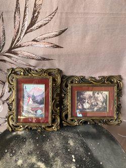 Ornate Gold Framed Mini Prints Pair - Cabin & Ballroom Scenes, 20x25cm