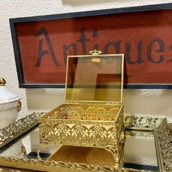 Gorgeous Antique 24K Gold-Plated Ormolu Jewelry Casket Box: Beveled Glass, Rose/Leaves Filigree, Footed with a Velvet Lining