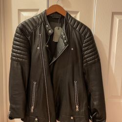 Brand New, For Men: AllSaints Black Leather Biker Jacket – Quilted Moto Style, Silver Hardware