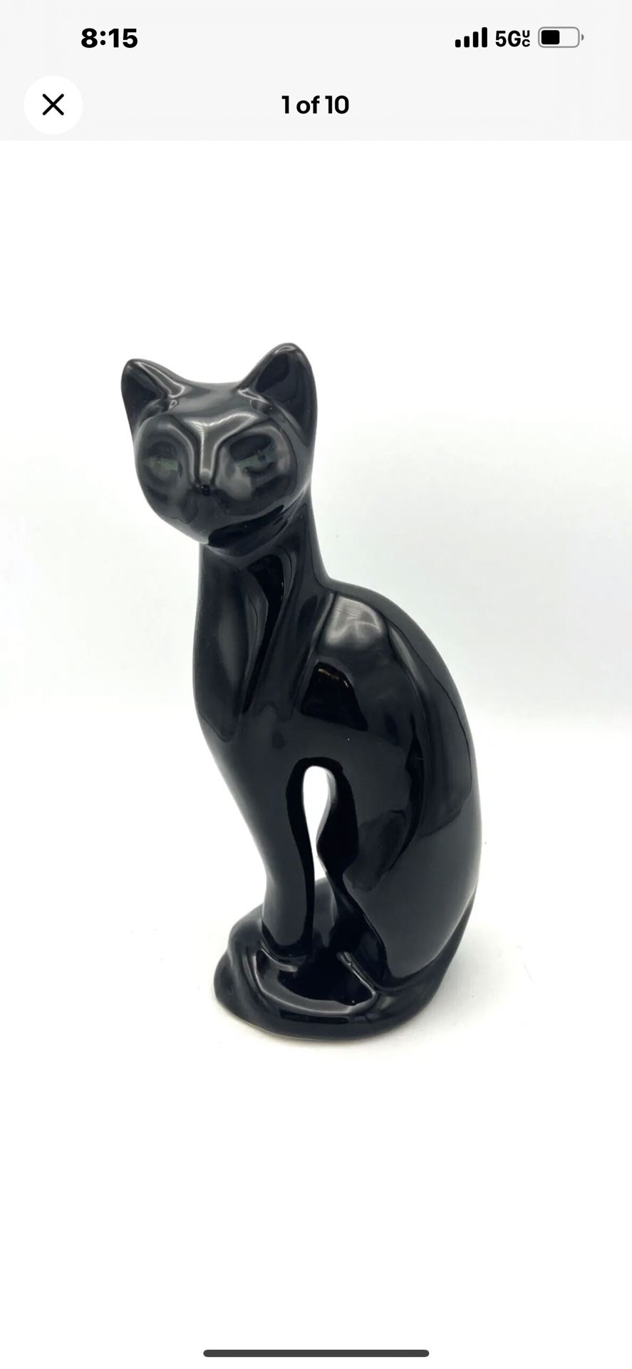 Vintage Black Ceramic Cat Figurine Statue Mid Century Modern Green Eyes 11"