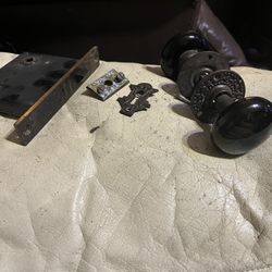 Antique Black Porcelain Corbin, Usa, Lock And Door Knob Set