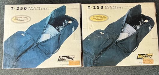 Golf bag travel cover with wheels.