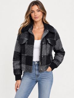 Plaid Wool Blend Jacket with Faux Fur Collar