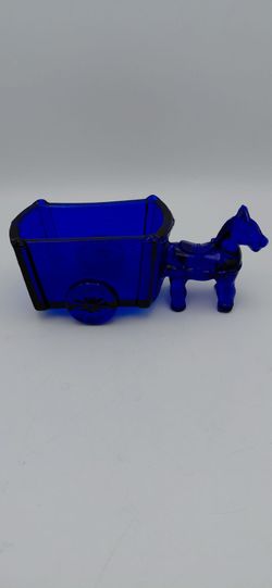 Vintage Jeannette Cobalt Blue Glass Donkey Drawn Wagon