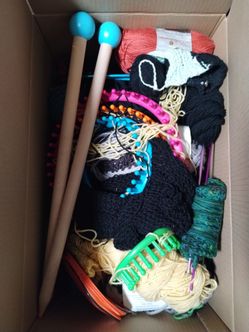 Large lot of yarn, new/partial rolls, + knitting/crocheting accessories