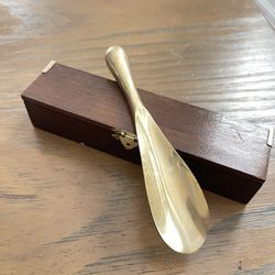 Vintage Solid Brass Shoe Spoon 6 3/4”  in wooden case