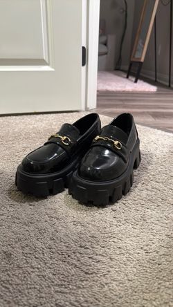 Black Patent Platform Loafers with Gold Bit