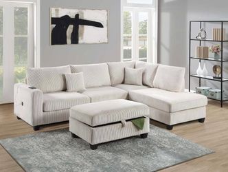 NEW Ivory Beige White Fabric Sectional Sofa and Chaise Set FREE STORAGE OTTOMAN Ashley IKEA Style Cream Furniture Warehouse BIG SALE Discount Designer