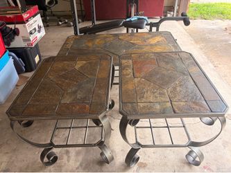 3-Piece Slate Top Coffee Table Set – Rustic/Modern Metal Base