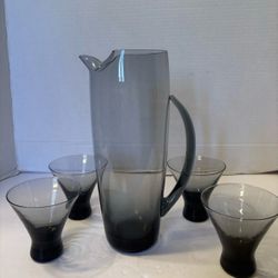 Rare MCM Morgantown Smoke Glass Pitcher Set