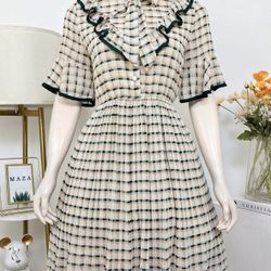 Vintage-Inspired Checkered Midi Dress ( Actual Photo)