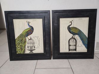 Pair of framed art prints "Peacock Birdcage I and II" artist Sue Schlabach, wall art