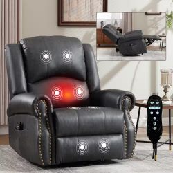 Grey 360° Faux Leather Manual Swivel Rocker Recliner Chair with Massage and Heat, Nailhead Trim, Side Pocket