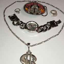 Two Rings, Chain, Watch & Belt Buckle 