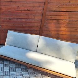 CB2 Sunset Outdoor Teak Sofa And Loveseat With Glass Tables