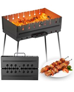 MHH Charcoal Grill for 8 Skewers - Portable Barbecue 16.9""×11.8""×16.9"" Kabob Camp Grills - Foldable Metal Mangal - Kebab Shish - BBQ for EDC Picnic