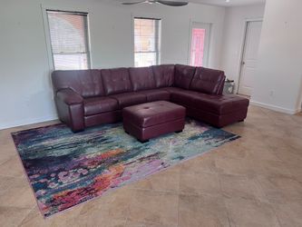 Burgundy Faux Leather Sectional Sofa with Ottoman