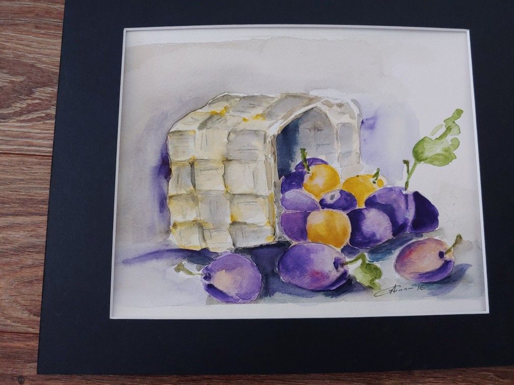 Watercolor Original Painting 12x9'' ''Plums in the basket