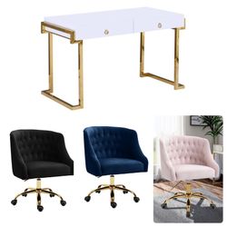 Gorgeous Brand New Gold White Desk + 1 Velvet Tufted Chair GLAM