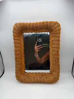 Vintage MCM Wicker Rattan Mirror Natural Cottage 60s 70s Boho Neutral