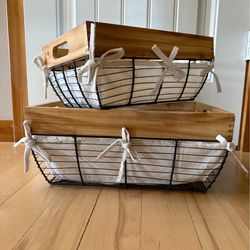 storage baskets wood/metal large 15"x11.5"x 6.5" small 13" x 9" x 5.5"