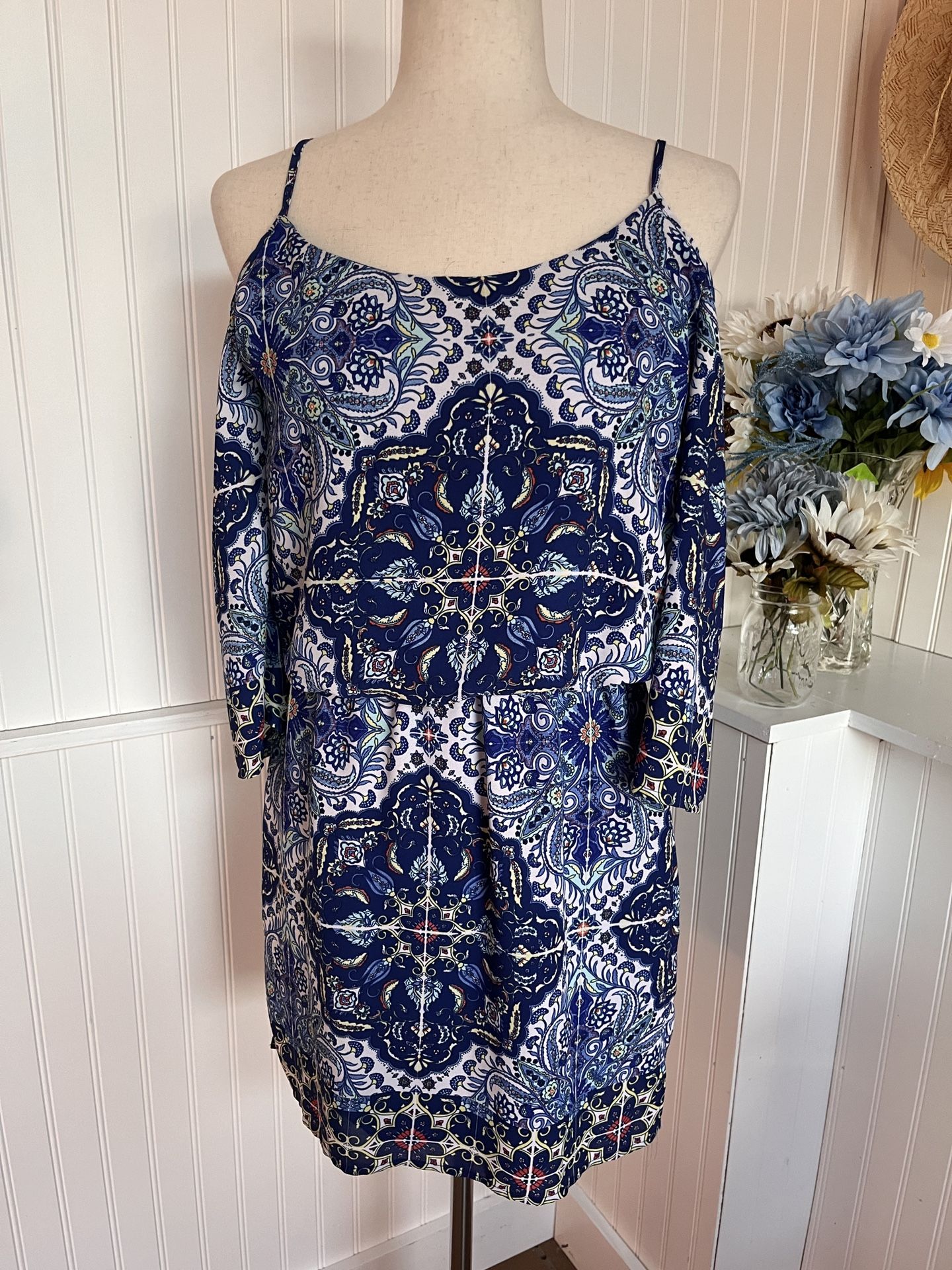 Blue Paisley Print Cold Shoulder Blouson Dress