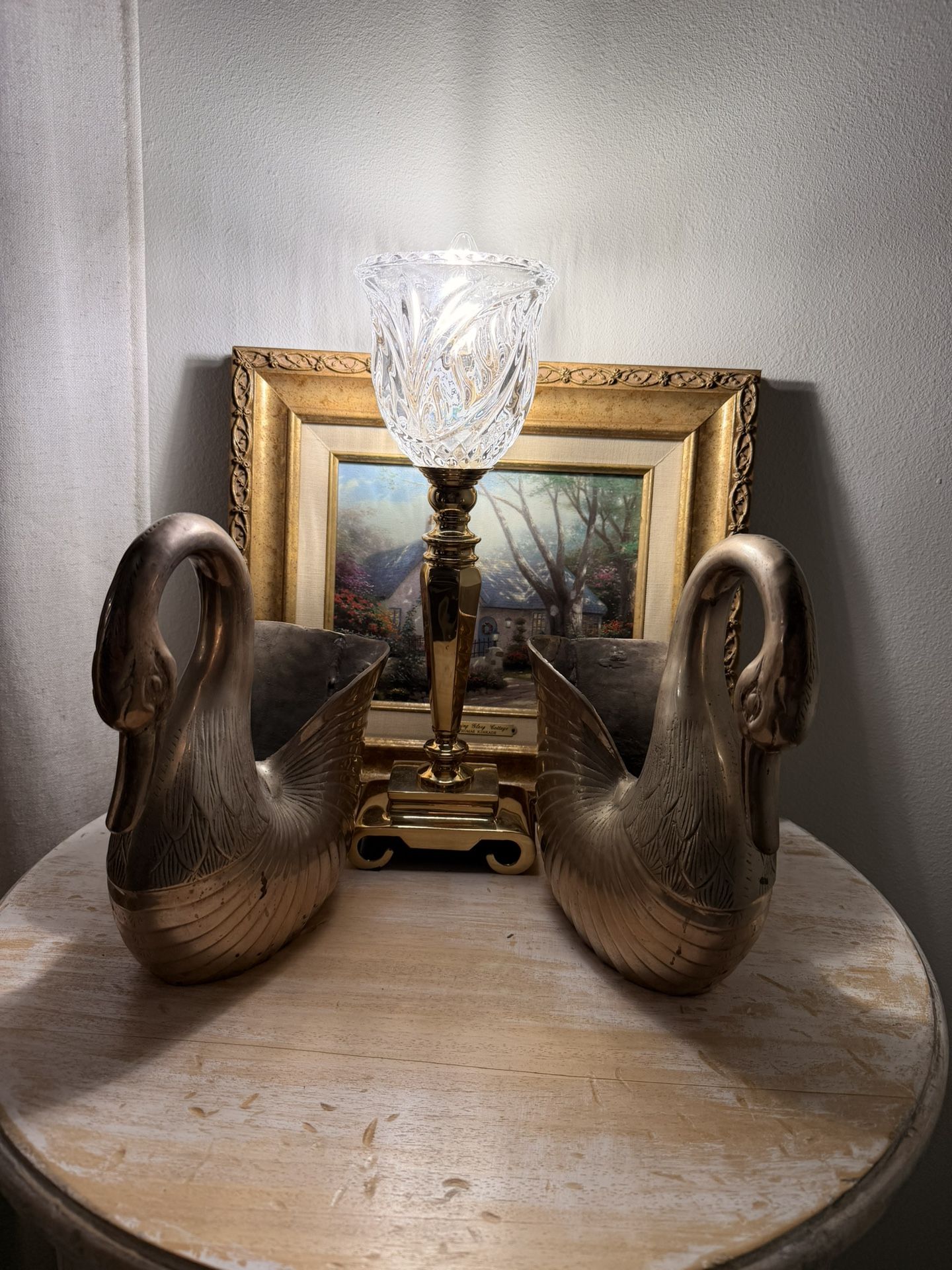 Vintage Cut Crystal Torchiere Accent Lamp with Scrolled Brass Base 