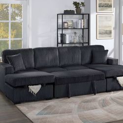 Brand New Black Plush Comfy Corduroy Sectional Set 