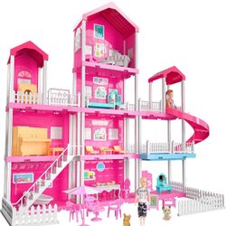  Toy for 3 4 5 6 Year Old Girls - 4 Storeys 10 Rooms Villa Playset with 2 Doll Toy Figures, Accessories and Furniture, Toddler Home Pretend Kits Gifts