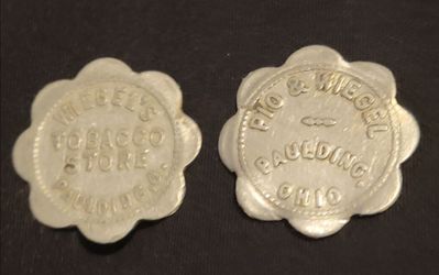 🔥 Antique Paulding Ohio 5¢ Trade Tokens - 2pc Store Merchant Set