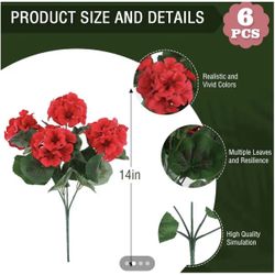 6 Piece Red Geranium Silk Flowers