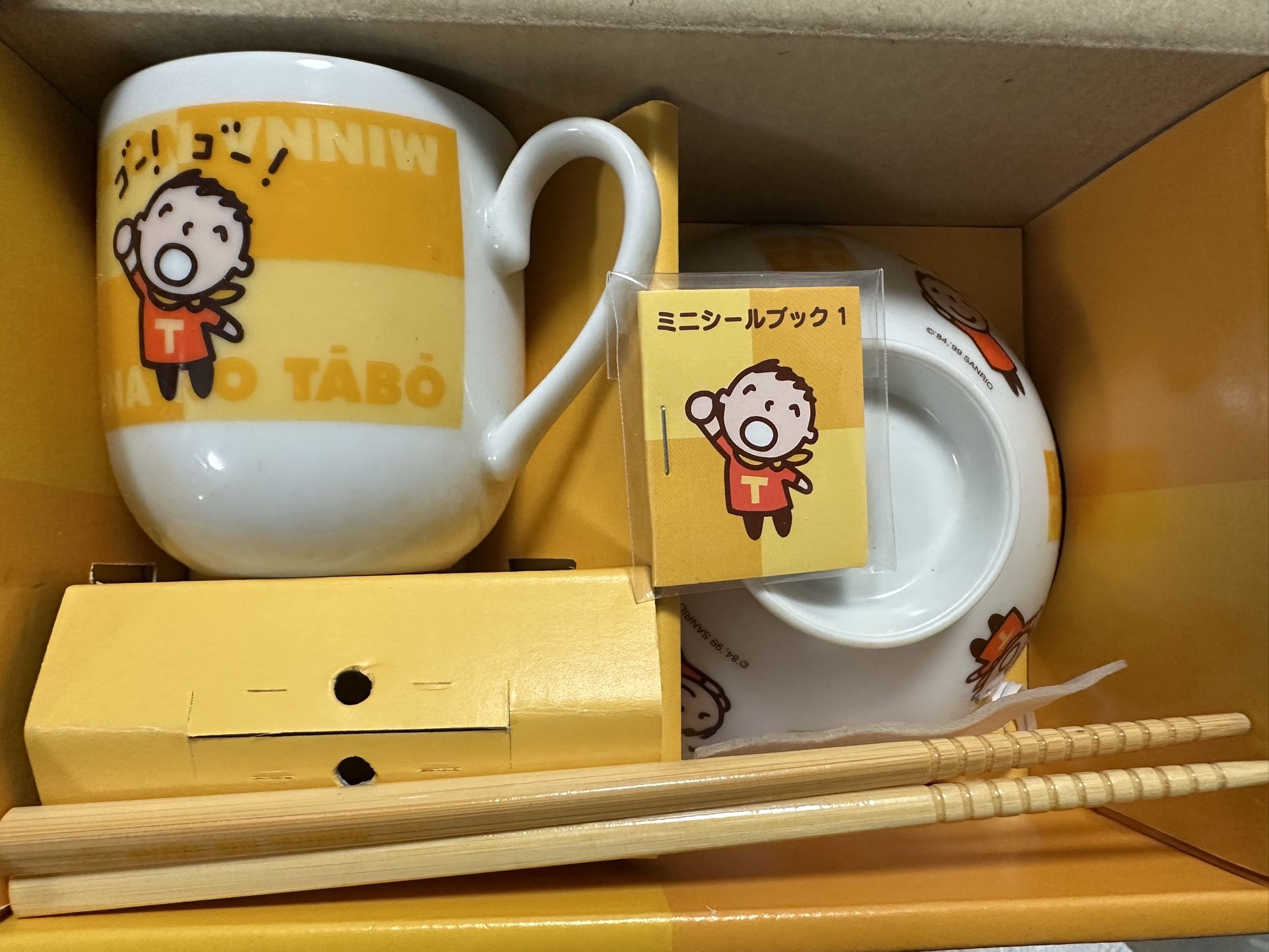 Sanrio Minna No Tabo Minature mug Cup & rice bowls & Chopsticks Made in Japan