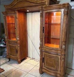 Glass Cabinets With Glass Shelves & Lights- Solid Wood- Good Condition